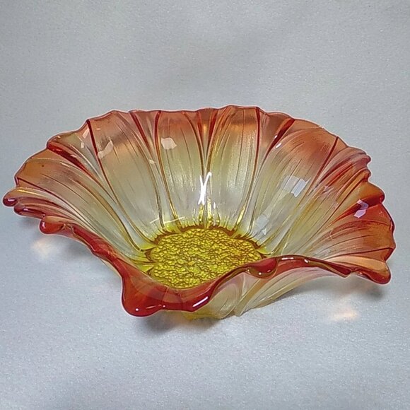 Vintage Mikasa Sunflower Tangerine Amber 13 1/2" Ruffled Bowl Iridescent Germany - Picture 9 of 9